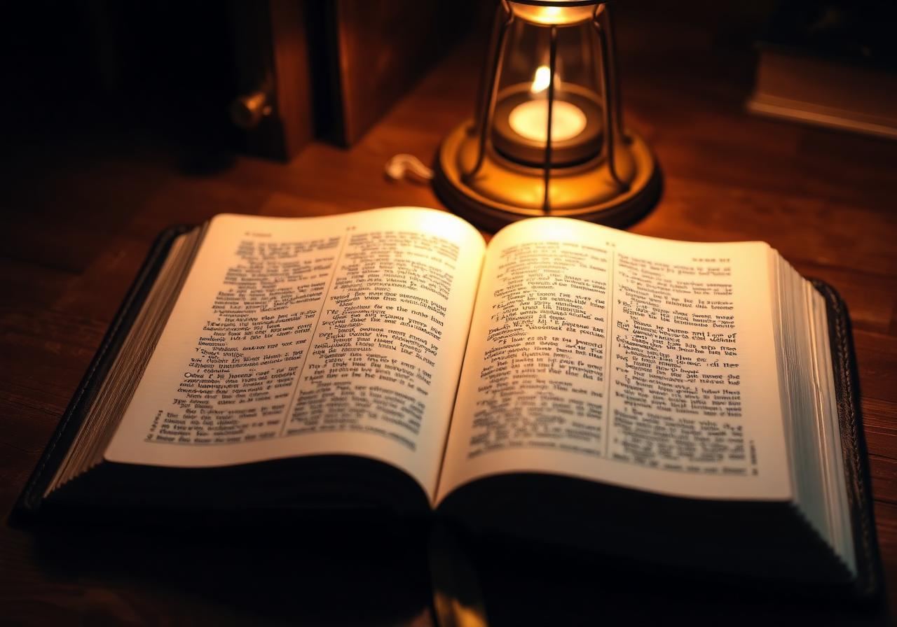 An open Bible illuminated by lamplight