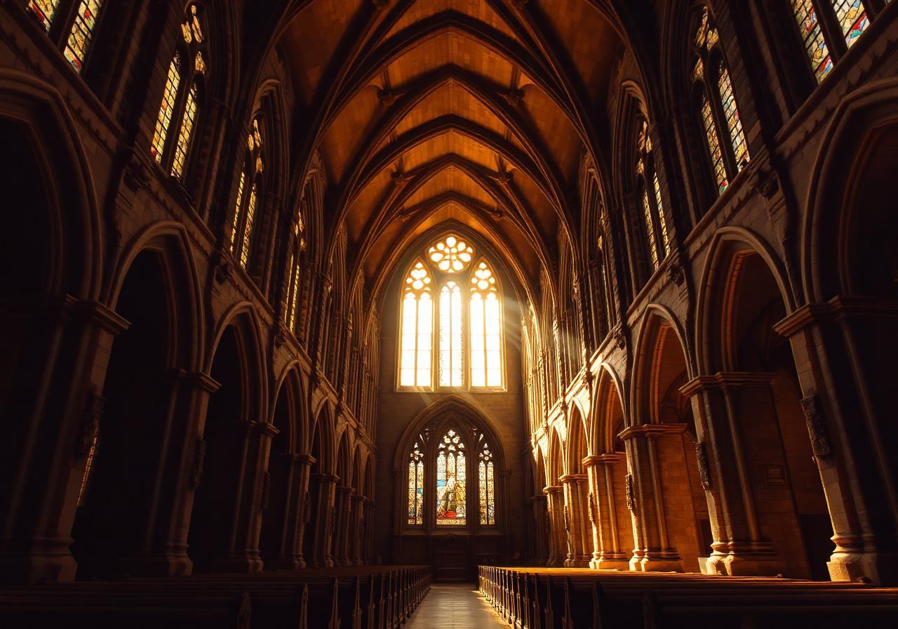 A stone cathedral interior bathed in warm light
