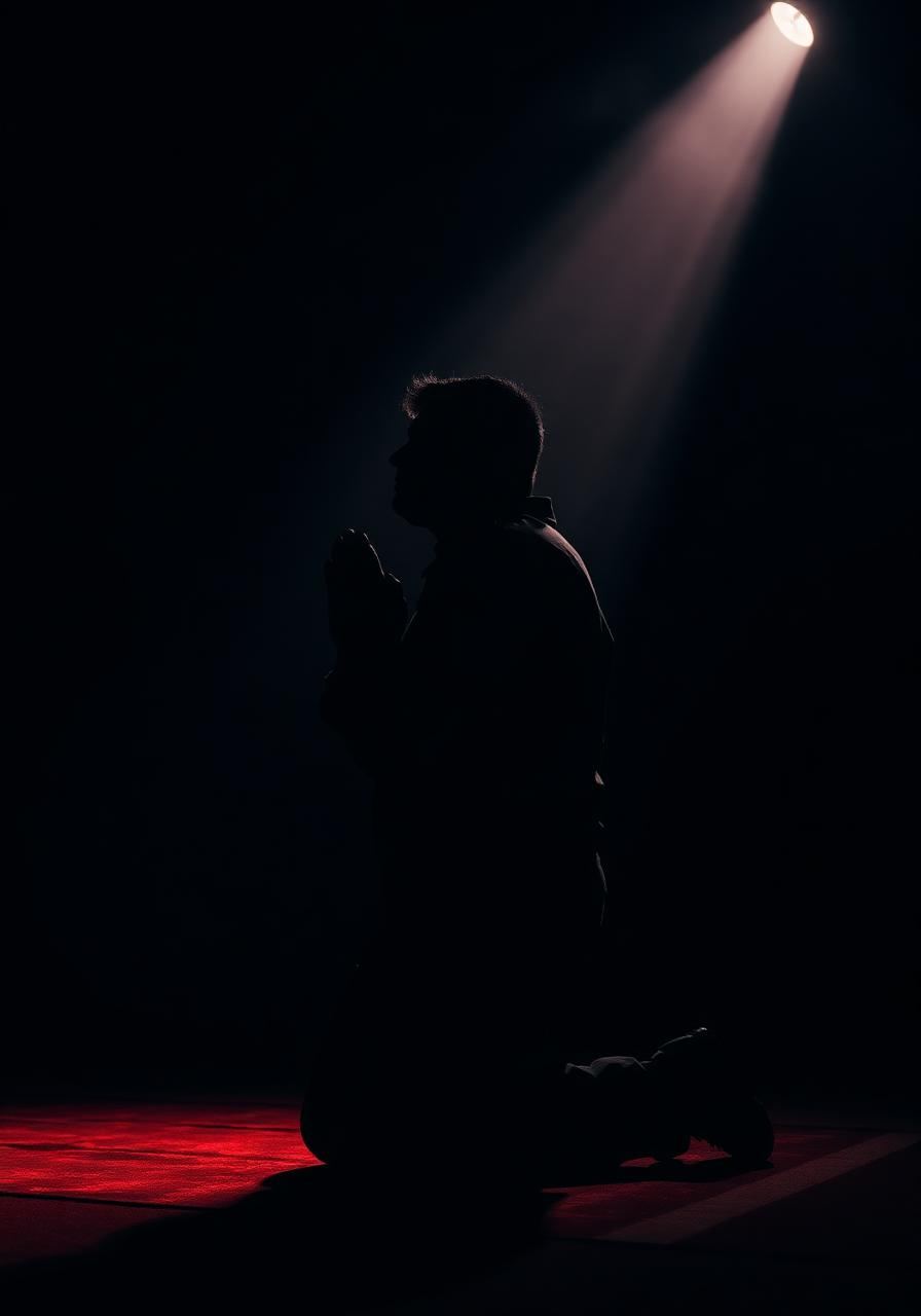 A man in prayer beneath a beam of light